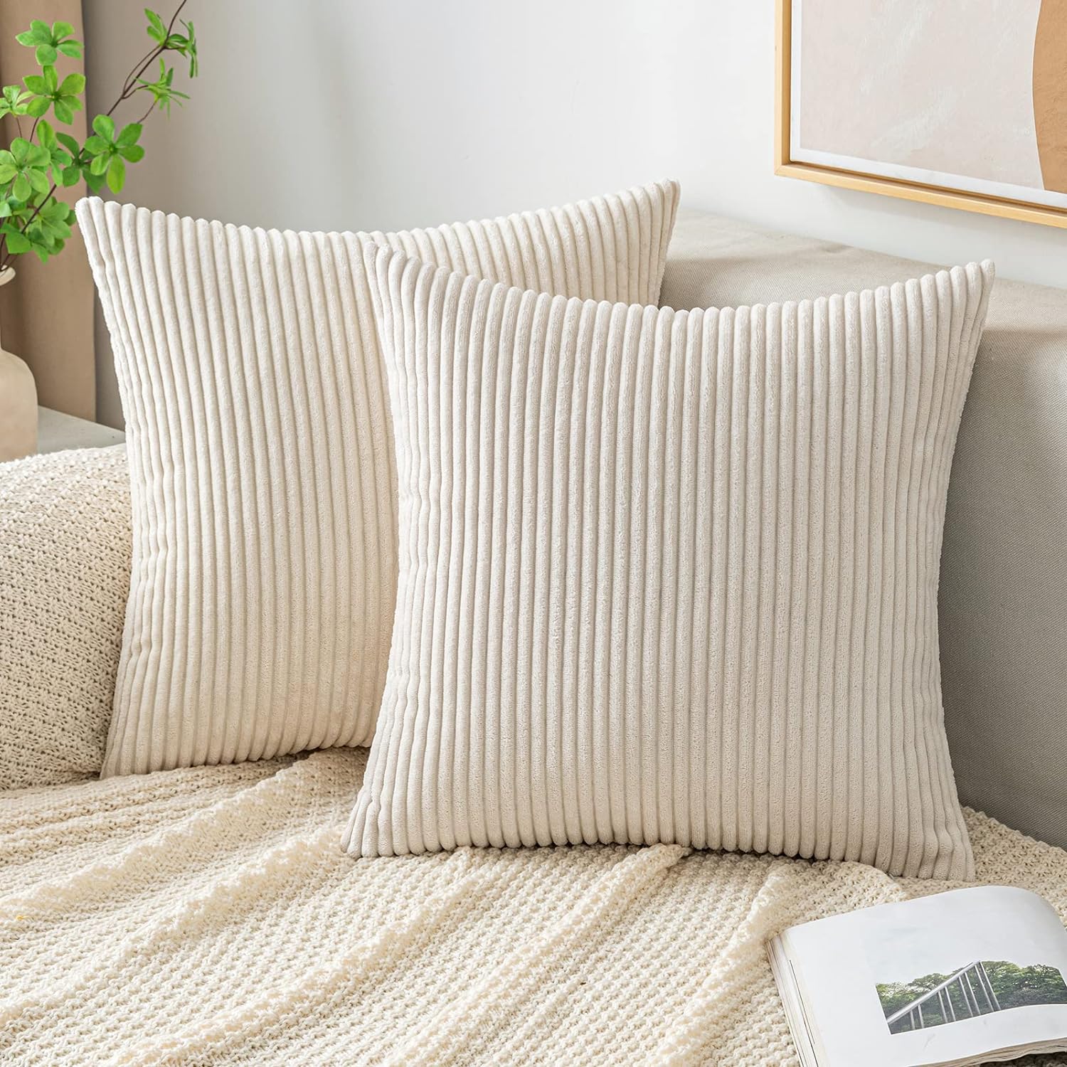 Pillow Insert 18X18 - ปลอกหมอนอิงตกแต่งผ้าลูกฟูกนุ่มลายทางปลอกหมอนสปริงสำหรับโซฟาห้องนอนขนาด18X18นิ้วสีเบจ