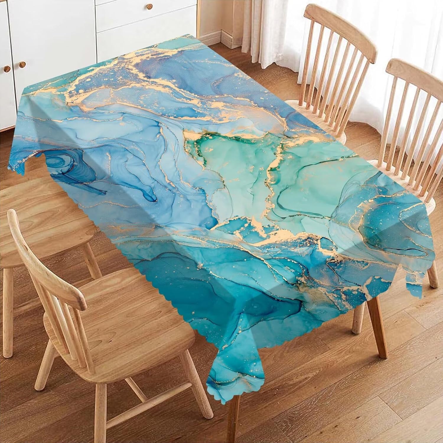 Home Textiles Premium - ผ้าปูโต๊ะลายหินอ่อนสีเขียวอมฟ้าสุดหรู ผ้าคลุมโต๊ะลายศิลปะนามธรรมสีเทอร์ควอยซ์ทองระดับพรีเมียม สำหรับงานเลี้ยงในครัวหรือห้องรับประทานอาหารที่หรูหรา