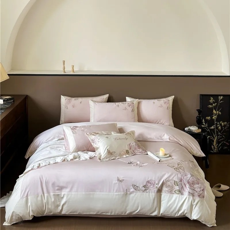 Home Textiles Premium - ชุดเครื่องนอน4ชิ้นผ้าฝ้ายอียิปต์พรีเมี่ยมลายดอกไม้ชิคปักผ้านวมสีขาวม่วงคลุมผ้าปูที่นอนแบบเรียบ/เข้ารูป